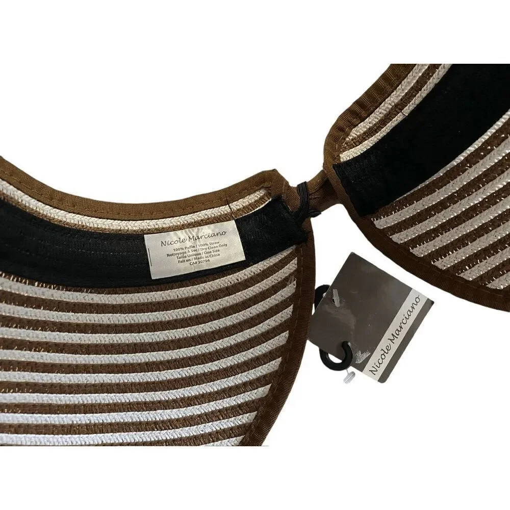NWT Nicole‎ Marciano Brown & White Stripe Straw Hat with Bow